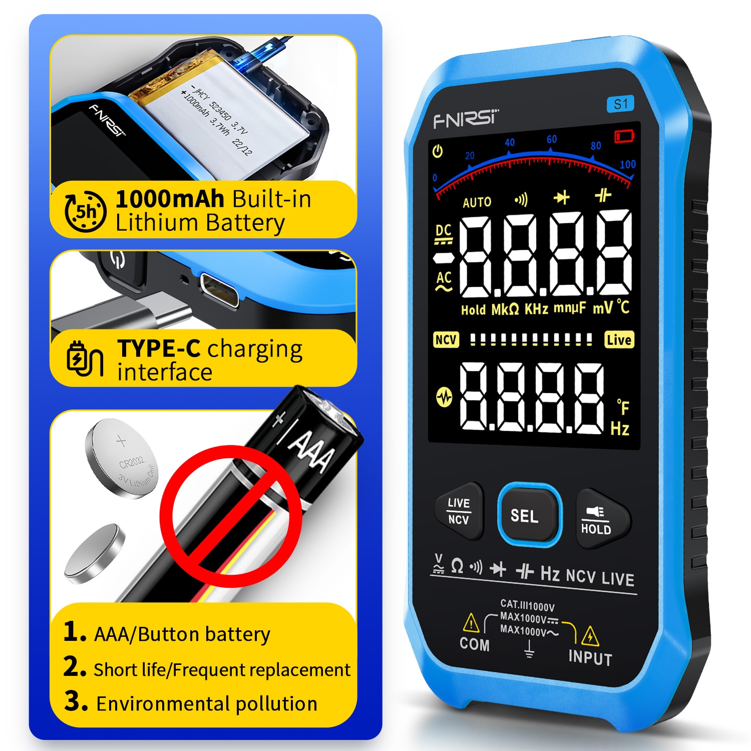 FNIRSI S1 Smart Digital Multimeter 9999counts AC DC Voltage Resistance Capacitance Diode NCV Hz Live Wire Color Display Tester