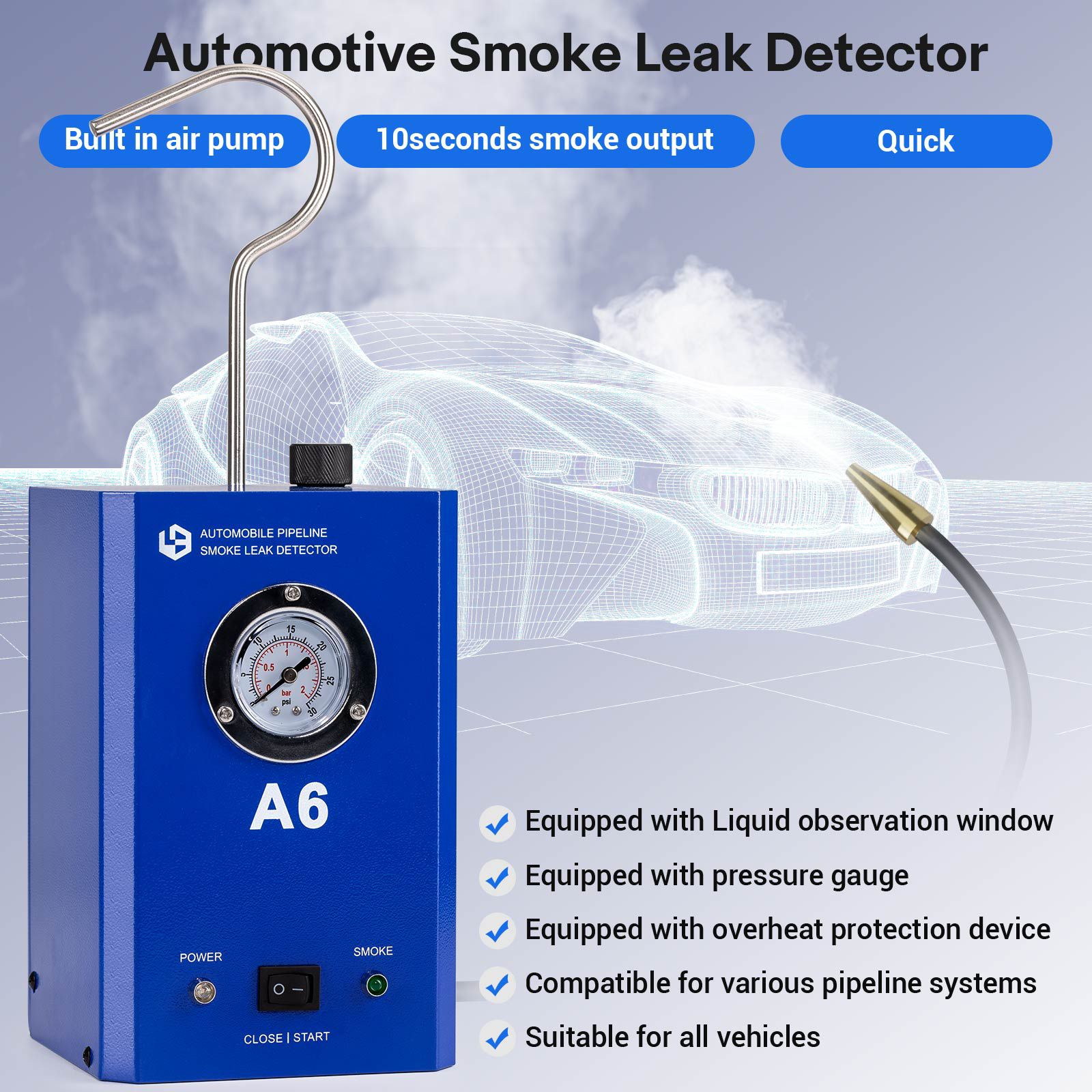 GODIAG A6 Automobile Pipeline Smoke Leak Detector with Pressure Gauge Test Leak in Vehicle Pipe Systems for Cars, Motorcycles, Snowmobiles, ATV, Boats