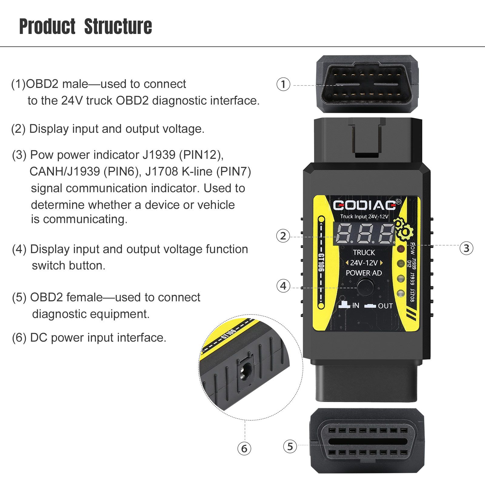 2023 GODIAG GT106 24V to 12V Heavy Duty Truck Adapter for X431 Easydiag/ Golo/ M-DIAG/ IDIAG/ ThinkCar/ ICarScan/ Diagun/ GOLO/ DBScar II