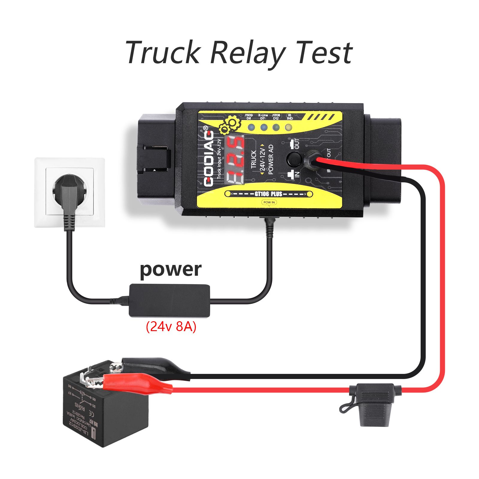 2024 GODIAG GT106 PLUS 24V to 12V Heavy Duty Truck Adapter Newly Added Fuel Injector Cleaning & Testing Relay Testing for Cars & Trucks