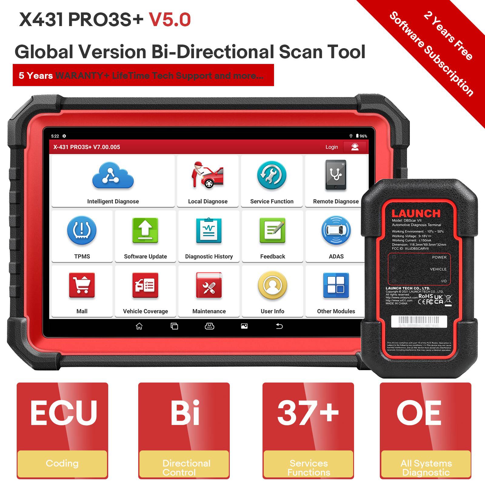 LAUNCH X431 PRO3S+ V5.0 Bi-Directional Scan Tool, 37+ Reset Service, OE-Level Full System Bluetooth Diagnostic Scanner, ECU Coding