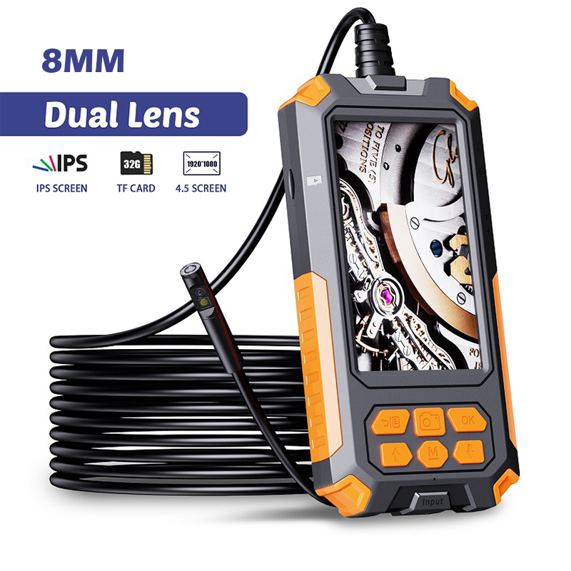 P50 Dual Camera Inspection Endoscope 4.5” IPS Screen HD1080P 8MM 5.5MM Dual Lens Rigid Cable 9 LEDs Waterproof Borescope 32G TF