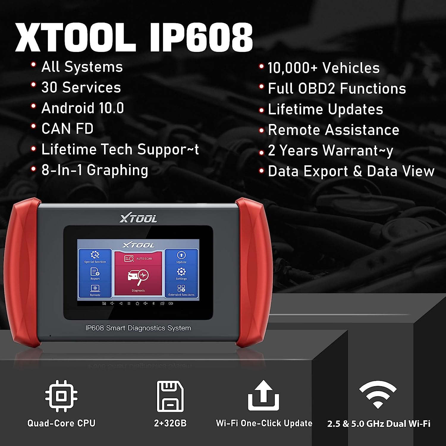 XTOOL InPlus IP608 OBD2扫描仪诊断工具Android 10。带CAN FD、30+服务、所有系统故障诊断工具、ABS出血