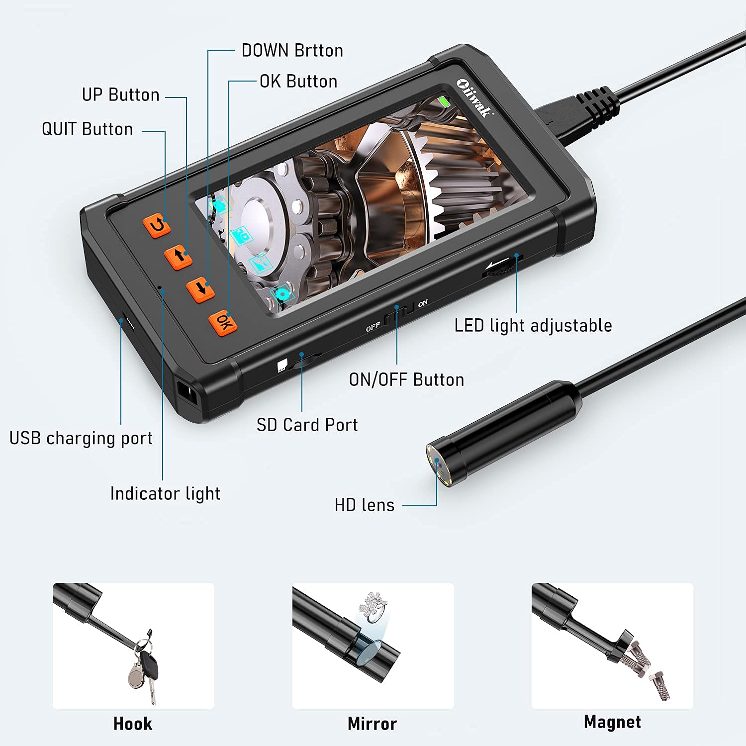 14mm Endoscope Camera Autofocus Borescope 4.3" IPS 5MP Inspection Snake Camera Pipe Sewer Waterproof Endoscope 32G