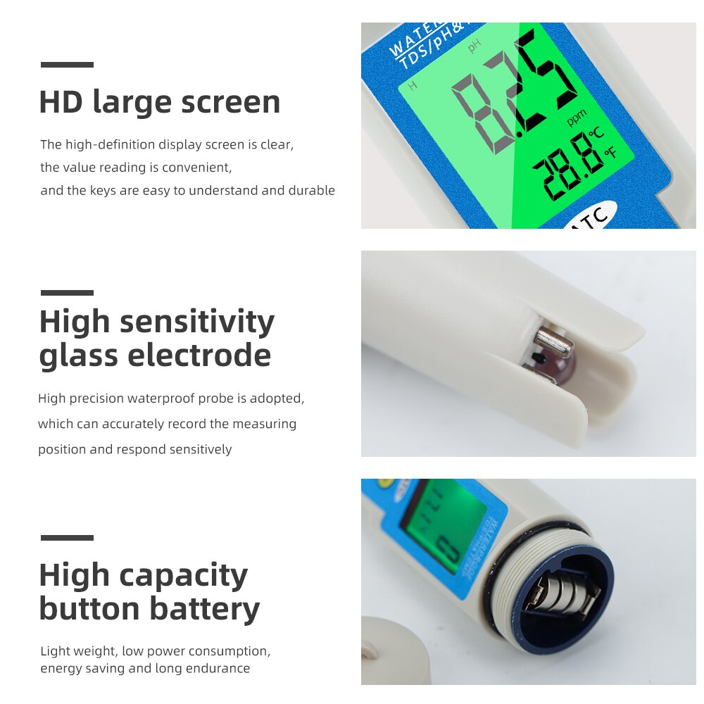 3 in 1  PH/TDS/Temperature Meter LCD Display 0.01 ATC Water Quality Acidometer for Drinking Water Aquariums PH Tester