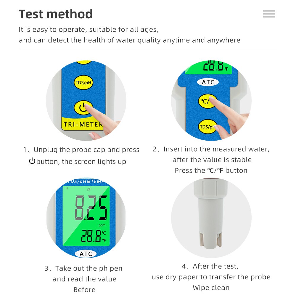 3 in 1  PH/TDS/Temperature Meter LCD Display 0.01 ATC Water Quality Acidometer for Drinking Water Aquariums PH Tester