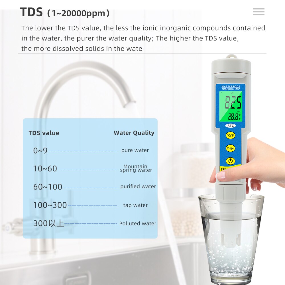 3 in 1  PH/TDS/Temperature Meter LCD Display 0.01 ATC Water Quality Acidometer for Drinking Water Aquariums PH Tester