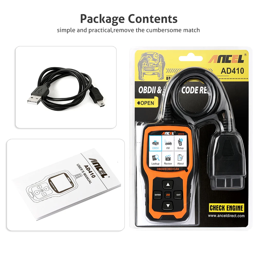 Ancel AD410 OBD2 Scanner Automotive Car Diagnostic Tool ODB2 Code Reader Erase Error Codes Multi Languages Engine OBD 2 Scanner