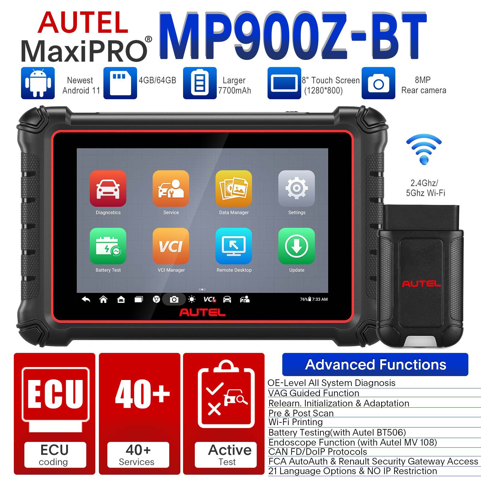 Autel MaxiPro MP900Z-BT (MP900-BT) Diagnostic Scanner Supports ECU Coding, Pre & Post Scan, DoIP CAN FD Protocols, Upgraded Ver. Of MP808BT PRO