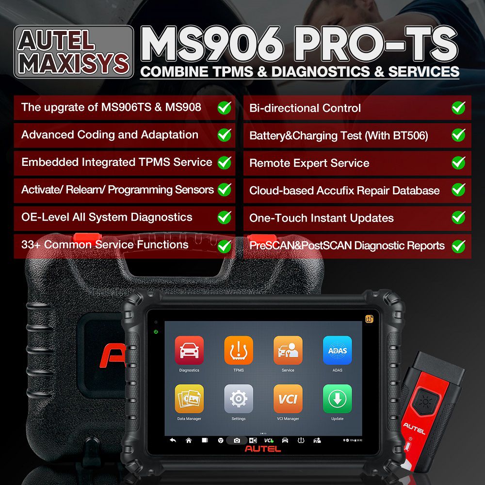 2023 New Autel MaxiSYS MS906 Pro-TS OE-Level Full Systems Diagnostic and TPMS Relearn Tool with Complete TPMS + Sensor Programming