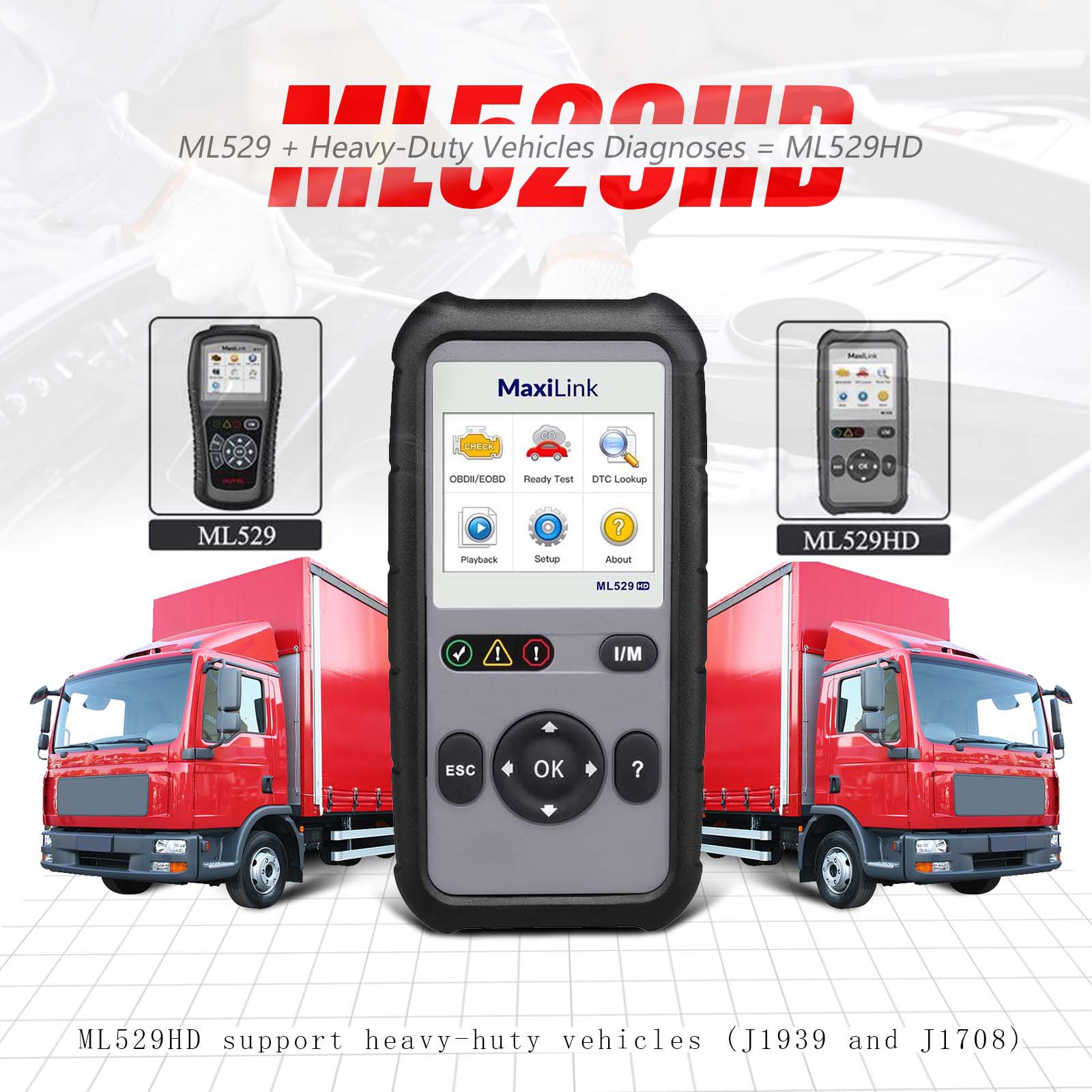 Autel ML529HD OBD2 Scan Tool Upgraded ML519 with Enhanced Mode 6/One-Key Ready Test for Heavy-Duty J1939 & J1708 with AutoVIN/Online Update/Print Data