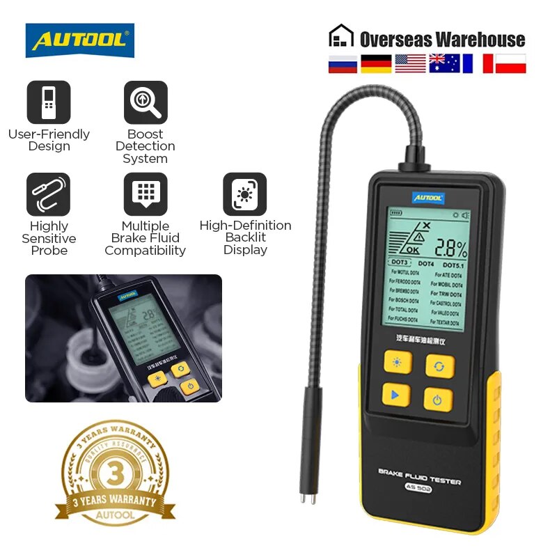 AUTOOL AS502 Brake Fluid Tester Automotive Brake Oil Tester Compatible for DOT3/DOT4/DOT5.1/ENV4/ENV6 ATE/TRW/BOSCH/MOBIL