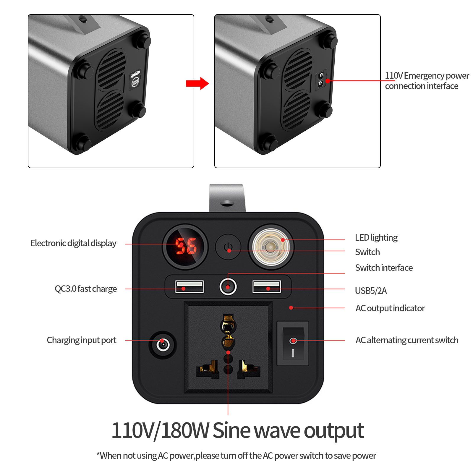 180W AC 110V 3-1 Car Jump Starter+Car Inverter+Outdoor Power Car Ignition Inverter Outdoor Power Supply