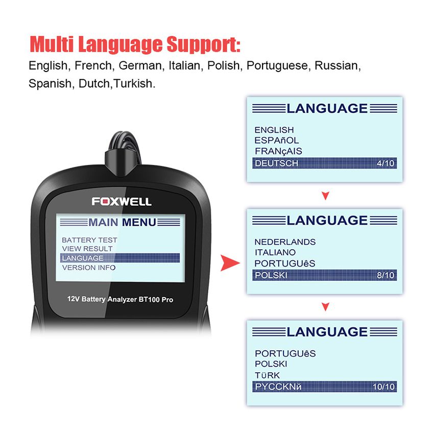 FOXWELL BT100 6V 12V Car Battery Tester For Flooded AGM GEL 100 to 1100CCA 200AH Battery Health Analyzer Diagnostic Tool