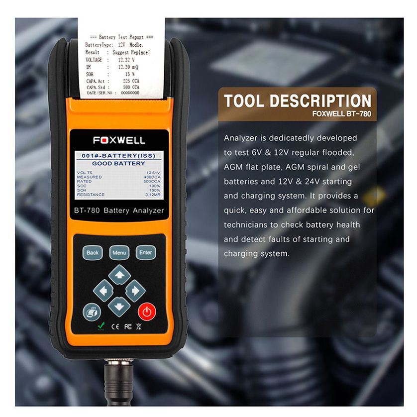 FOXWELL BT780 12V Battery Tester 0-1000A Car AGM GEL EBP Batteries Analyzer Built-in Printer 12V-24V Starting Charging System