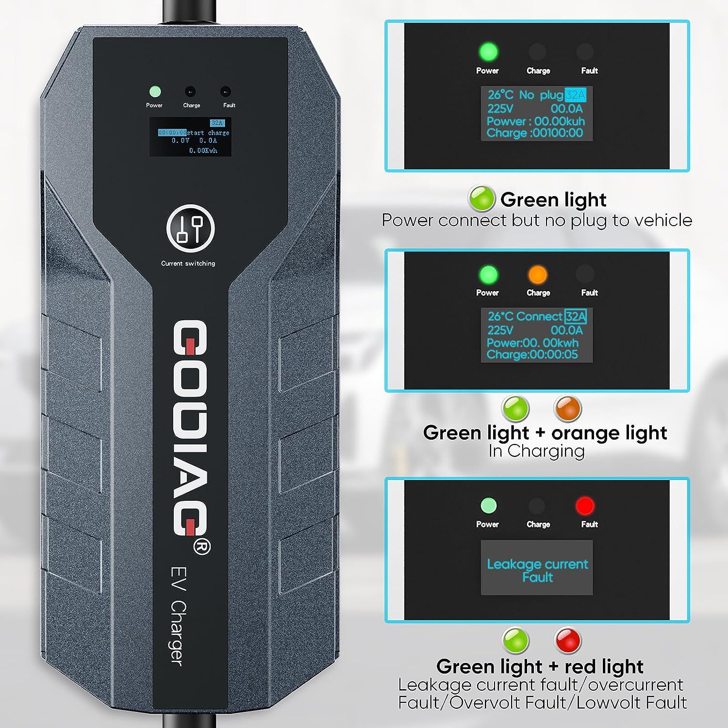 GODIAG EV Charger Level 2 (32Amp, 220V-240V, NEMA 14-50 Plug, 21ft Cable) 10/16/24/32A Adjustable for Home J1772 EVs, PHEVs, Motorcycle EVs