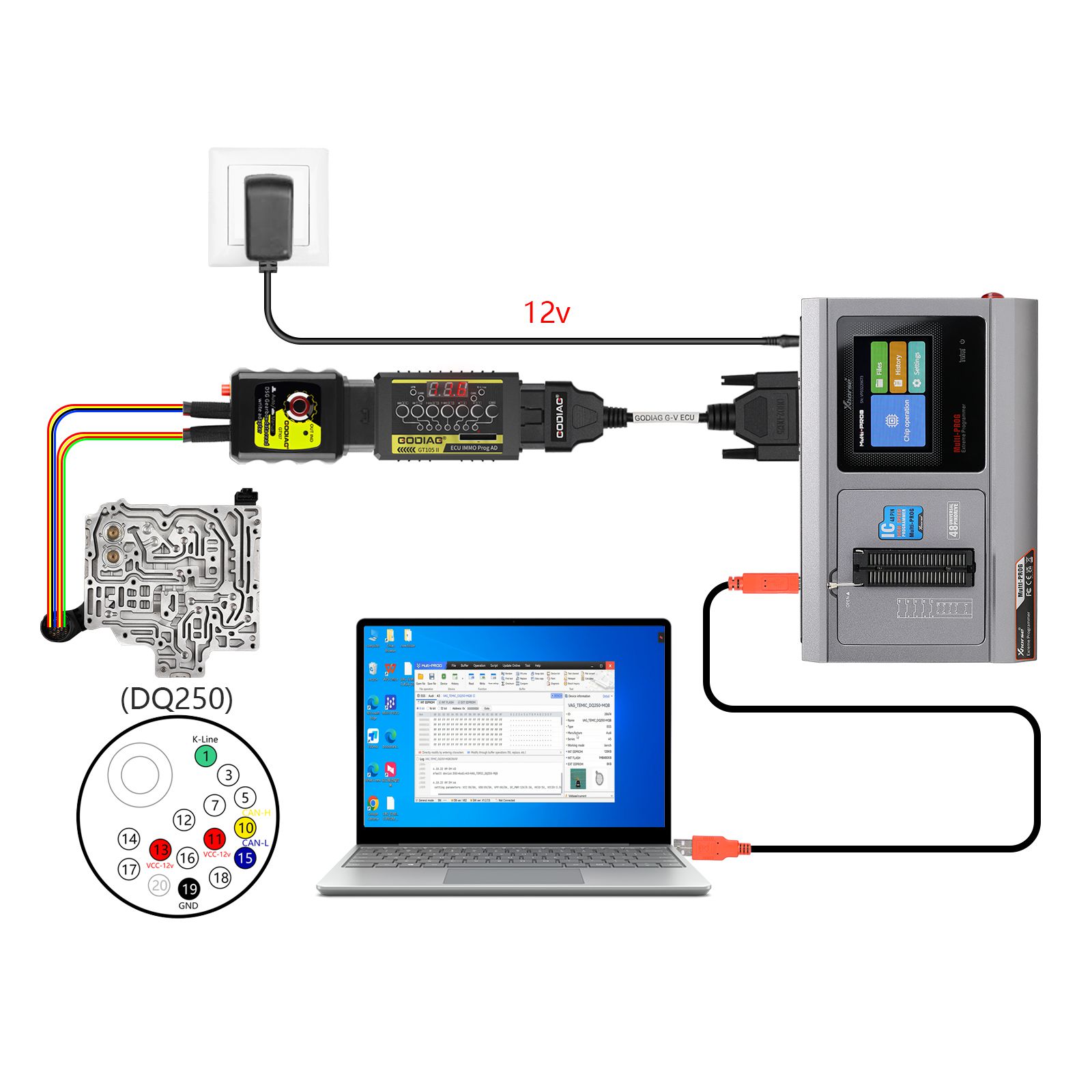 GODIAG G-V ECU Cable for Connecting Xhorse MULTI PROG with GT107 or GT107+ GPT BENCH BOOT to Read & Write Data on VAG Gearbox ECU, Engine ECU