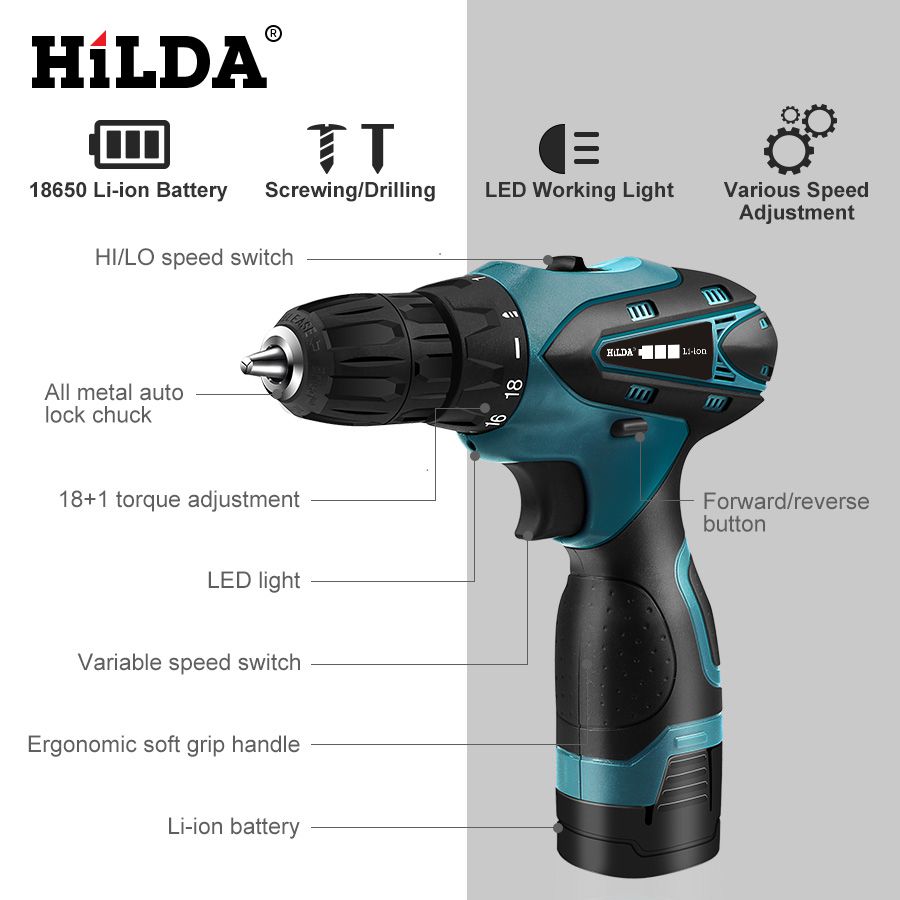 HILDA Mini Portable Electric Screwdriver Electric Drill Lithium Battery  Mini Drill Cordless Screwdriver Power Tools Cordless Drill