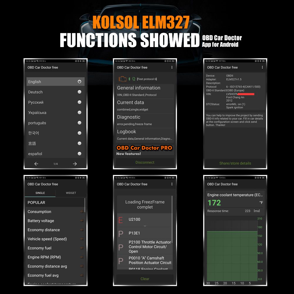 KOLSOL ELM327 Bluetooth OBD2 Scanner V1.5 ELM327 with Switch modified for Ford CH340+25K80 chip HS-CAN / MS-CAN