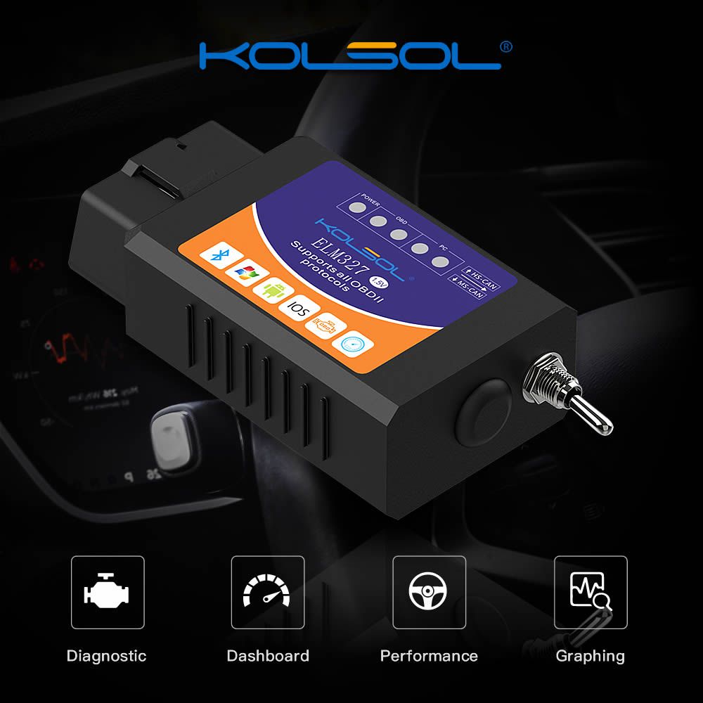 KOLSOL ELM327 Bluetooth OBD2 Scanner V1.5 ELM327 with Switch modified for Ford CH340+25K80 chip HS-CAN / MS-CAN