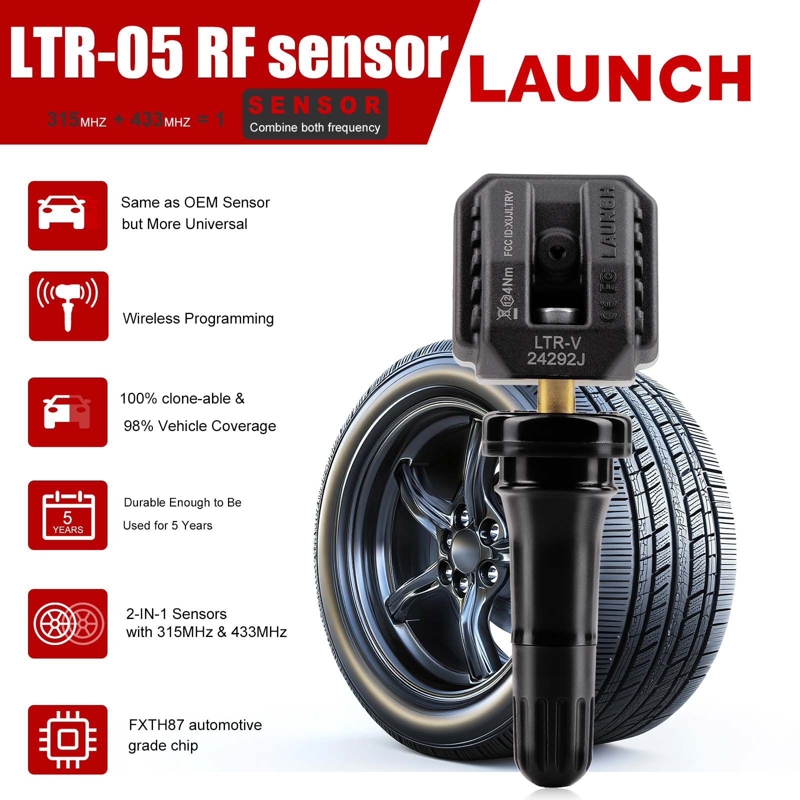 4pcs Launch LTR-05 RF Sensor 315MHz & 433MHz TPMS Sensor Tool Metal & Rubber