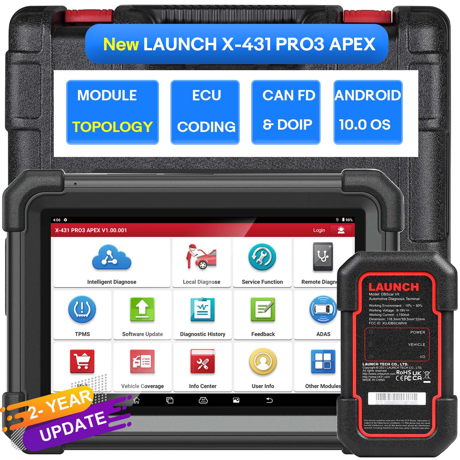 2025 LAUNCH X431 PRO3 APEX 10inch Diagnostic Scanner Support Topology Map Online Coding CAN FD & DoIP HD Truck Scan with 37+Services