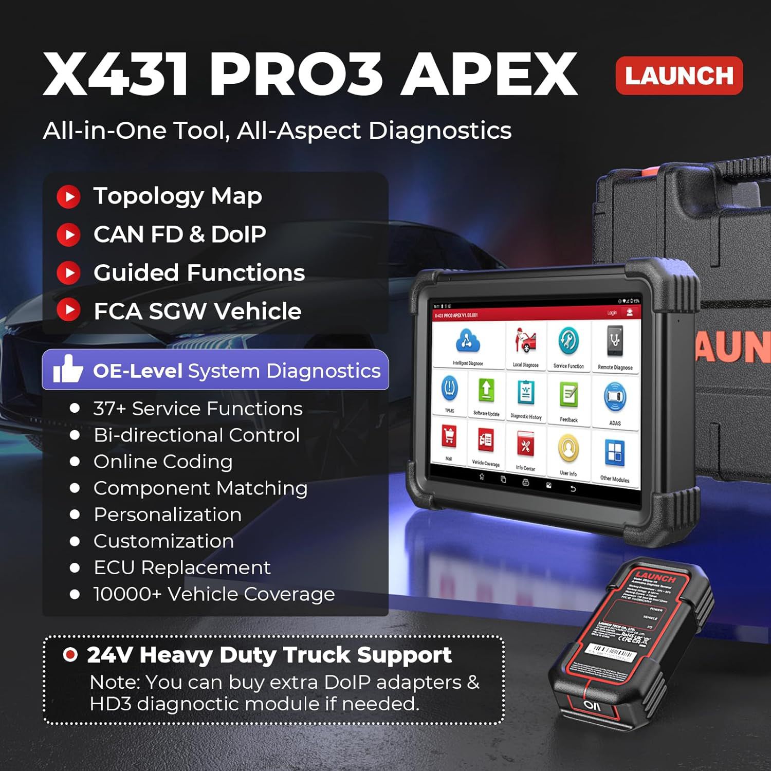 2025 LAUNCH X431 PRO3 APEX 10inch Diagnostic Scanner Support Topology Map Online Coding CAN FD & DoIP HD Truck Scan with 37+Services