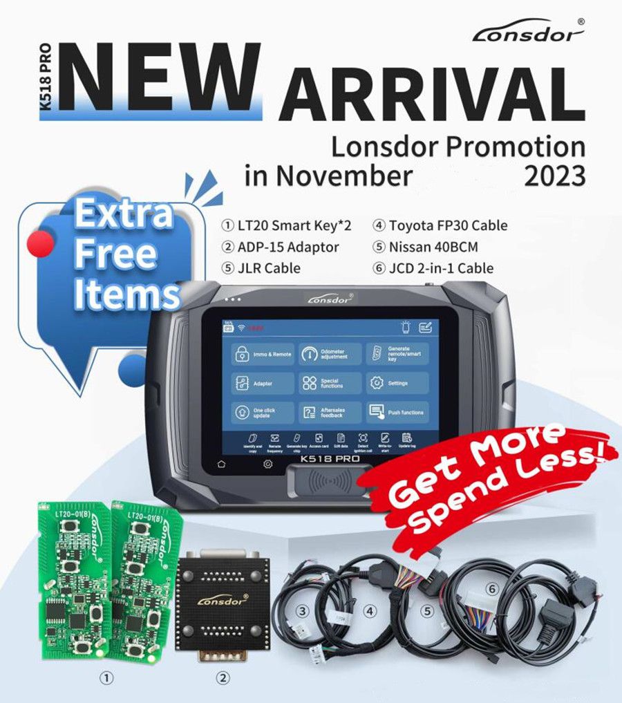 2025 Lonsdor K518 PRO Full Version All In One Key Programmer with 2pcs LT20, Toyota FP30 Cable, Nissan 40 BCM Cable JCD JLR and ADP Adapter