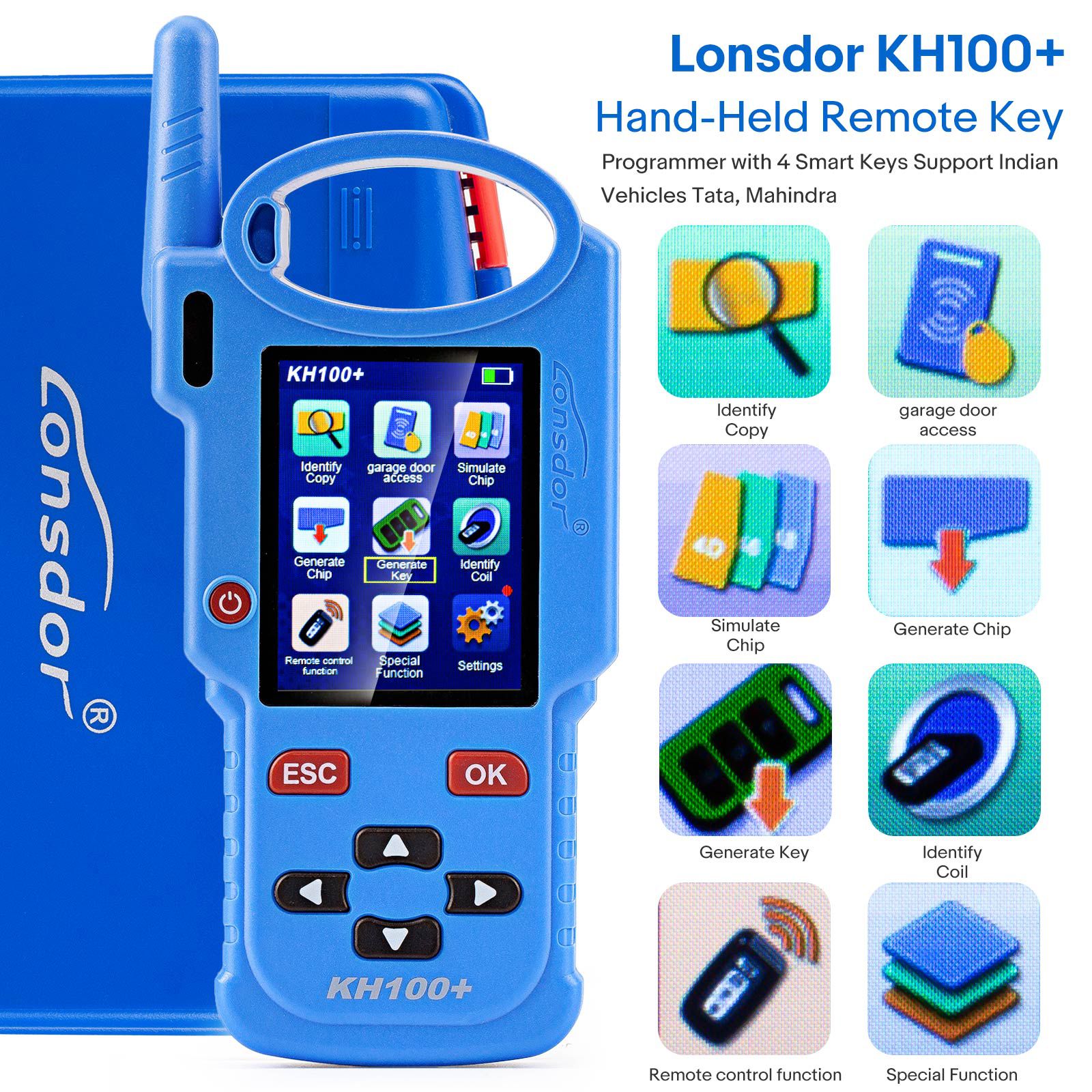 2025 Lonsdor KH100+ Hand-Held Key Programmer With Four Remote Keys Added TATA and Mahindra