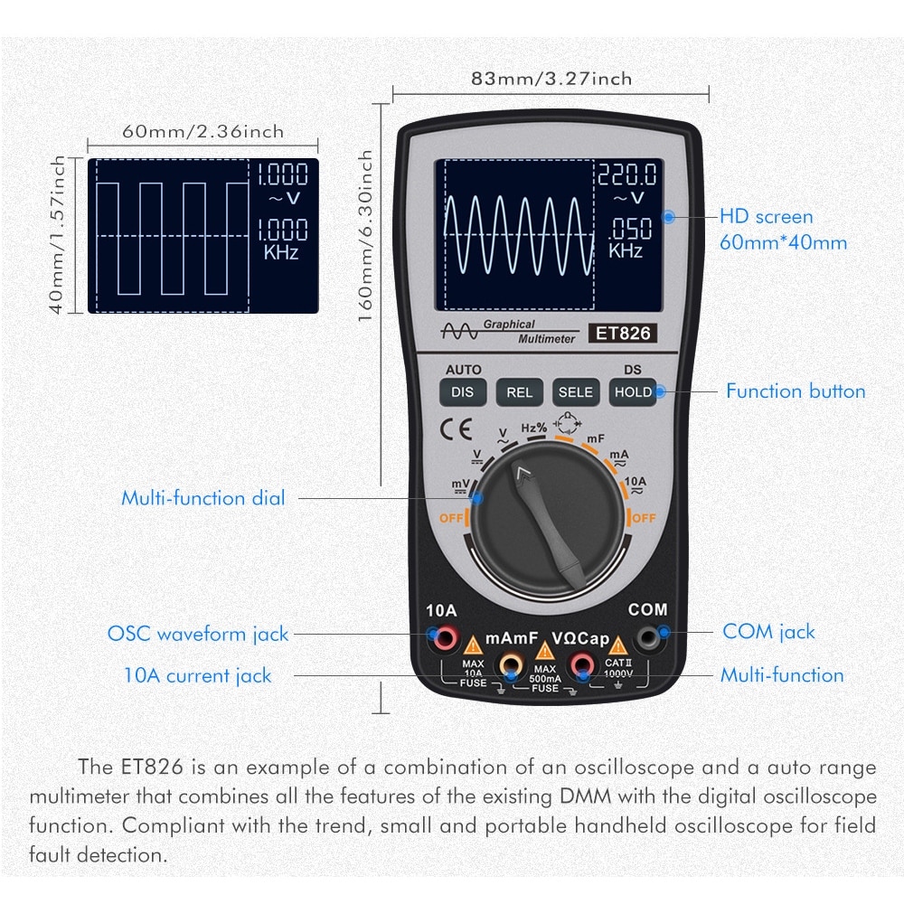 MT8206 2 In 1 Digital Oscilloscope Multimeter with Analog Bar Graph ET826 Multimeter Auto Range Backlight DC/AC Current Meter