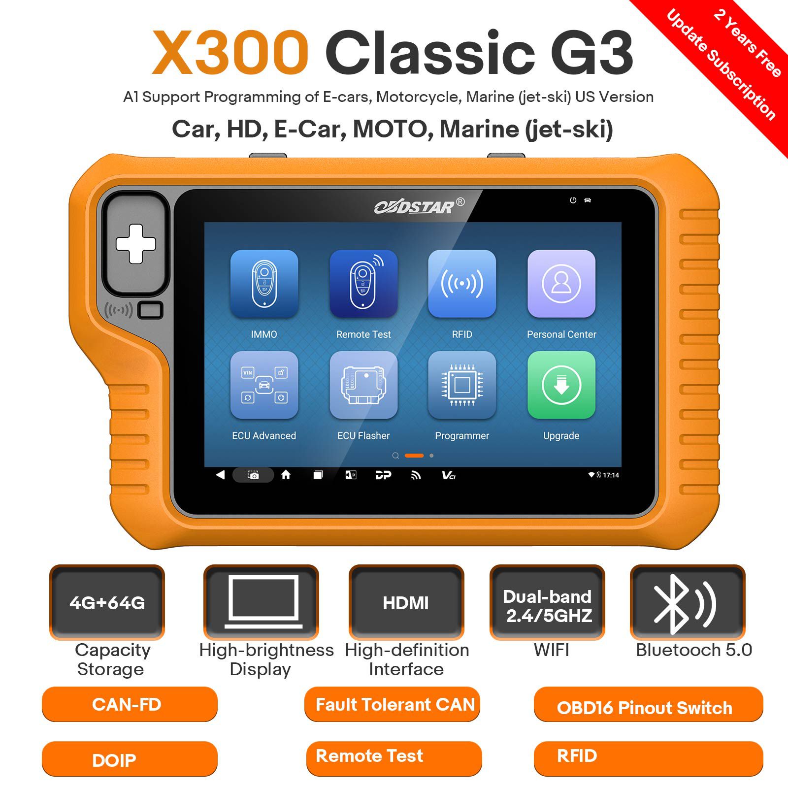 2024 OBDSTAR X300 Classic G3 Full Version Support Cluster Calibration, ECU Flasher, Airbag Reset, Test Platform For Car/ HD/ E-Car/ Moto/ Marine