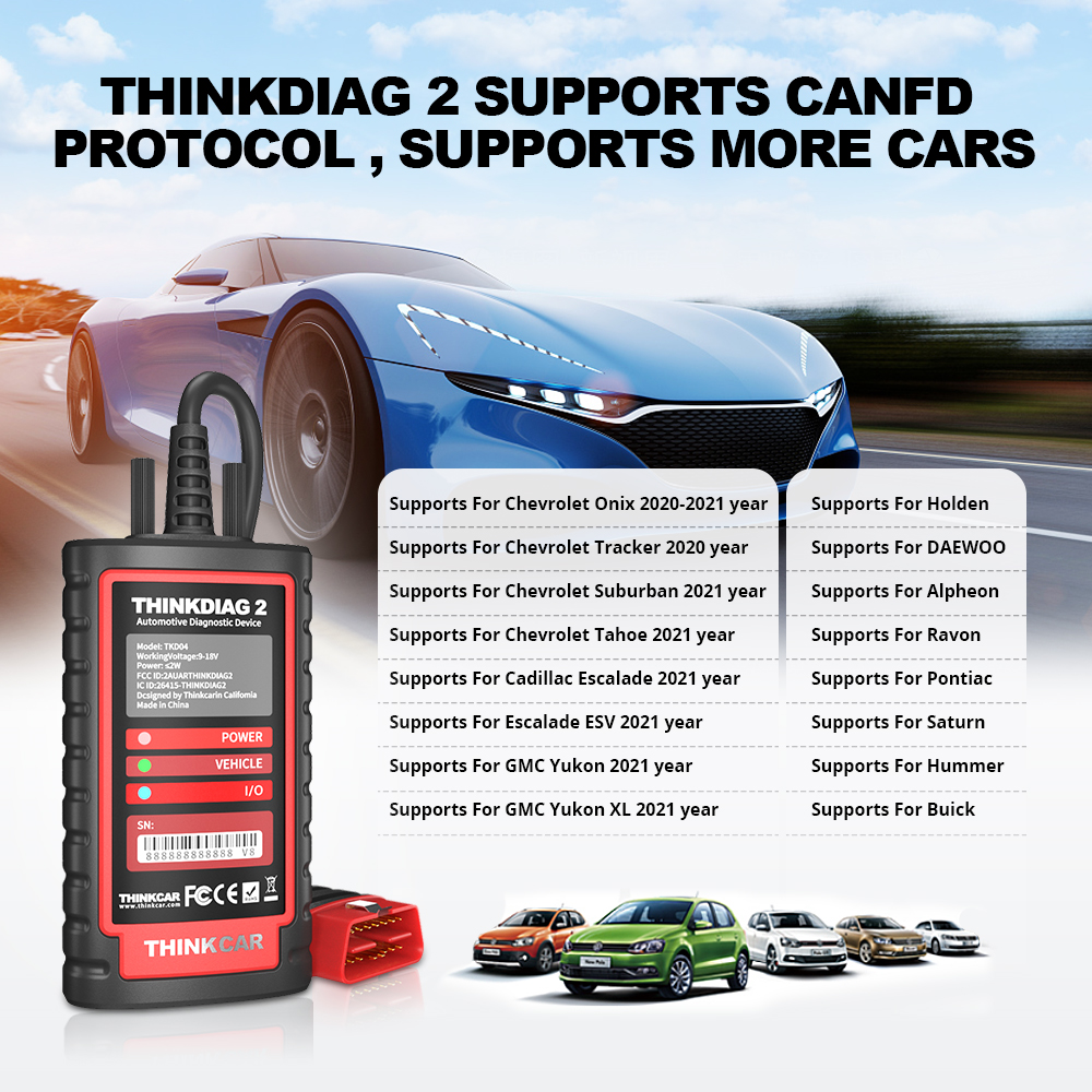 THINKCAR Thinkdiag 2 Thinkdiag2 Support CAN FD Protocols OBD2 Scanner Fit For GM Car Brands Free Full Softwares 16 Reset Functions ECU Code