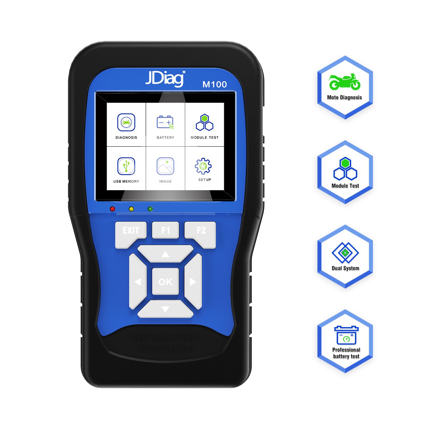 JDiag M100 Universal Motorcycle Scan Tool + 12V Battery Tester Dual System Moto Scan Tool For Kawasaki  Honda  Yamaha