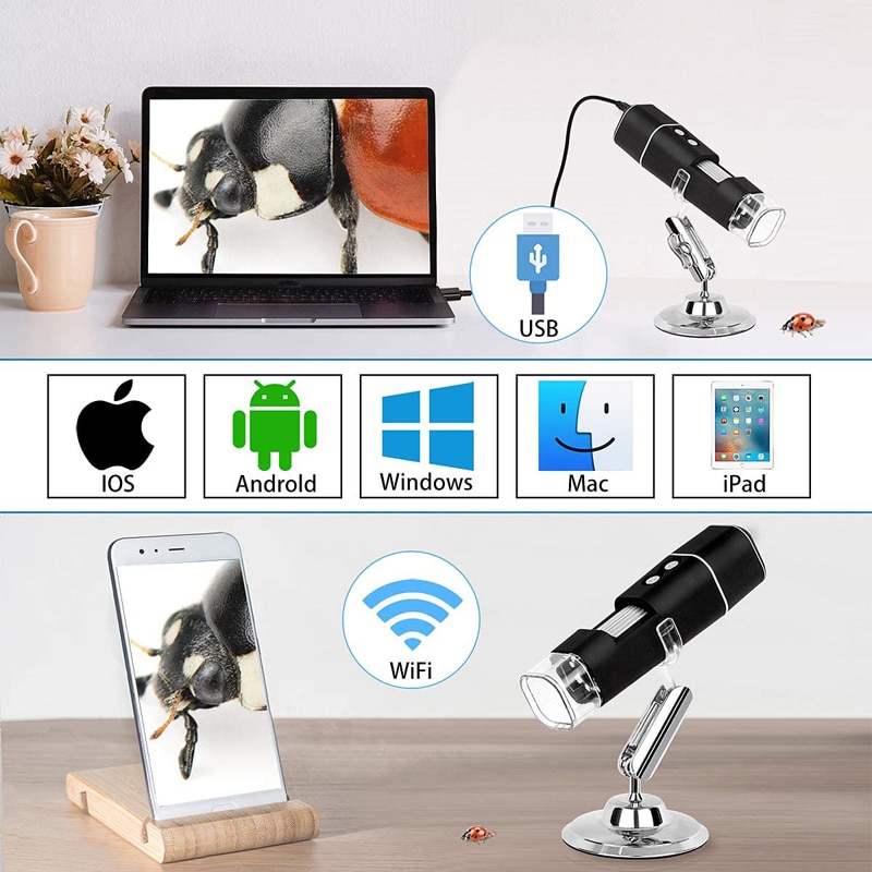 Wireless Digital Microscope 1080P HD 2MP 8 LED USB Microscope 50X to 1000X WiFi Zoom Magnification Handheld Endoscope Compatible