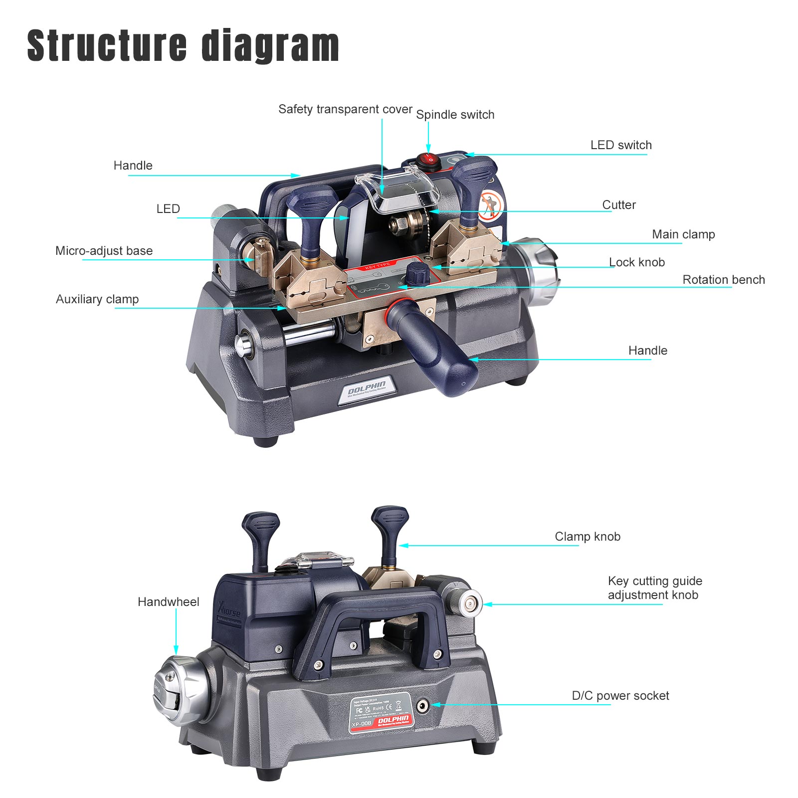 Newest Xhorse Dolphin XP-008 Key Cutting Machine Mini Mechanical for Special Bit/ Double Bit Keys