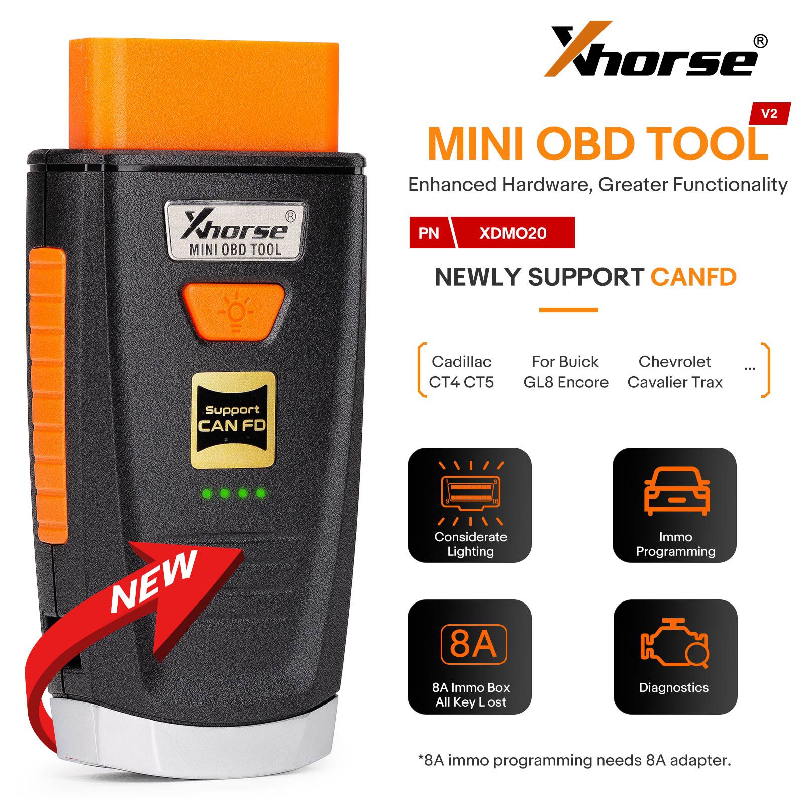 2024 Xhorse Mini OBD Tool V2 XDMO20 Newly Supports CANFD Protocol / LED light / 8A IMMO Box All Key Lost