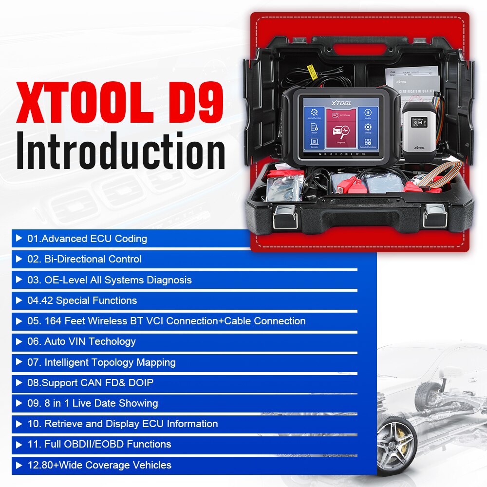 XTOOL D9 Automotive Scan Tool Topology Map Bi-Directional Control ECU Coding Full Diagnostics & 42+ Resets Support DoIP & CAN FD