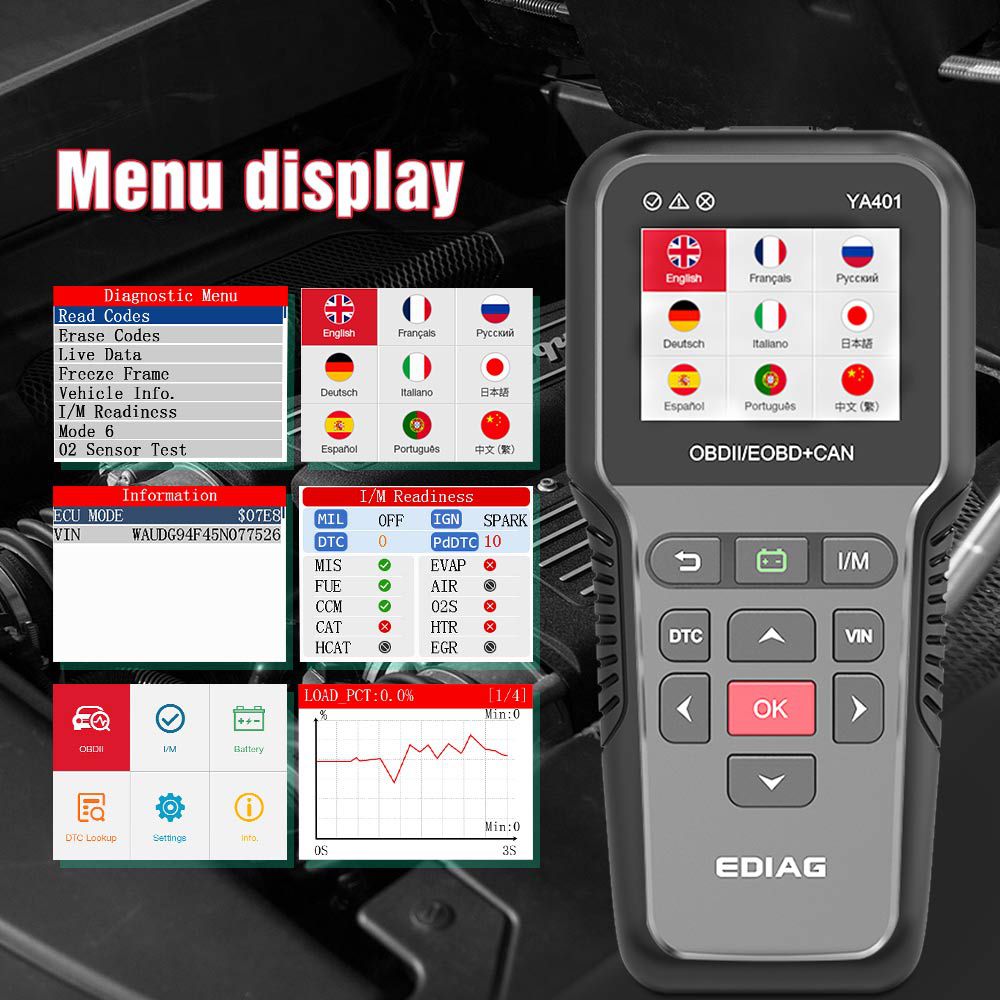 YA401 EDIAG Scanner Tool EOBD/OBDII code reader Support Free update Car Diagnosis auto obd2  battery tester 12v