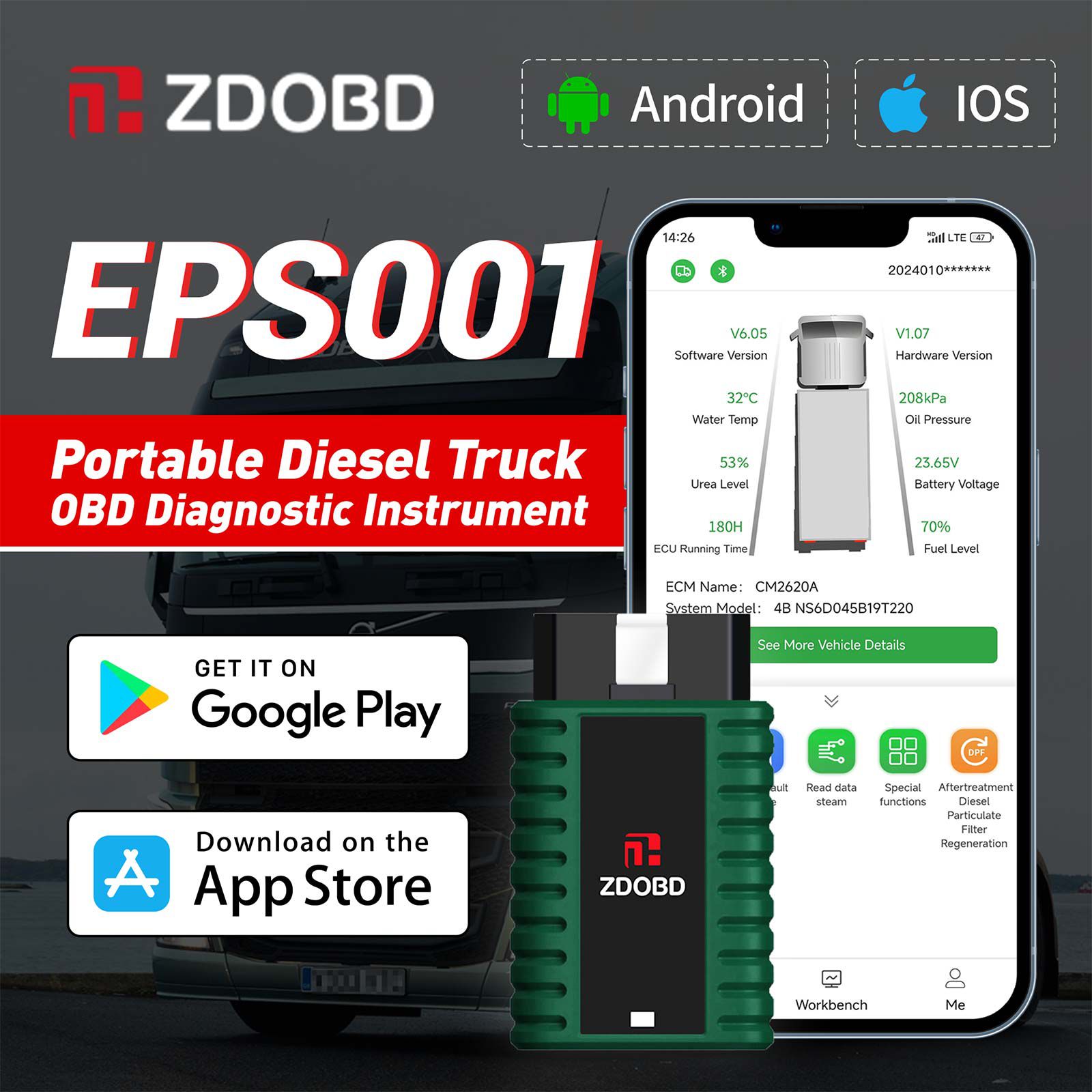 ZDOBD EPS001 Heavy Duty Truck Scanner for Android & IOS Portable Disel Truck OBD Diagnostic Instrument