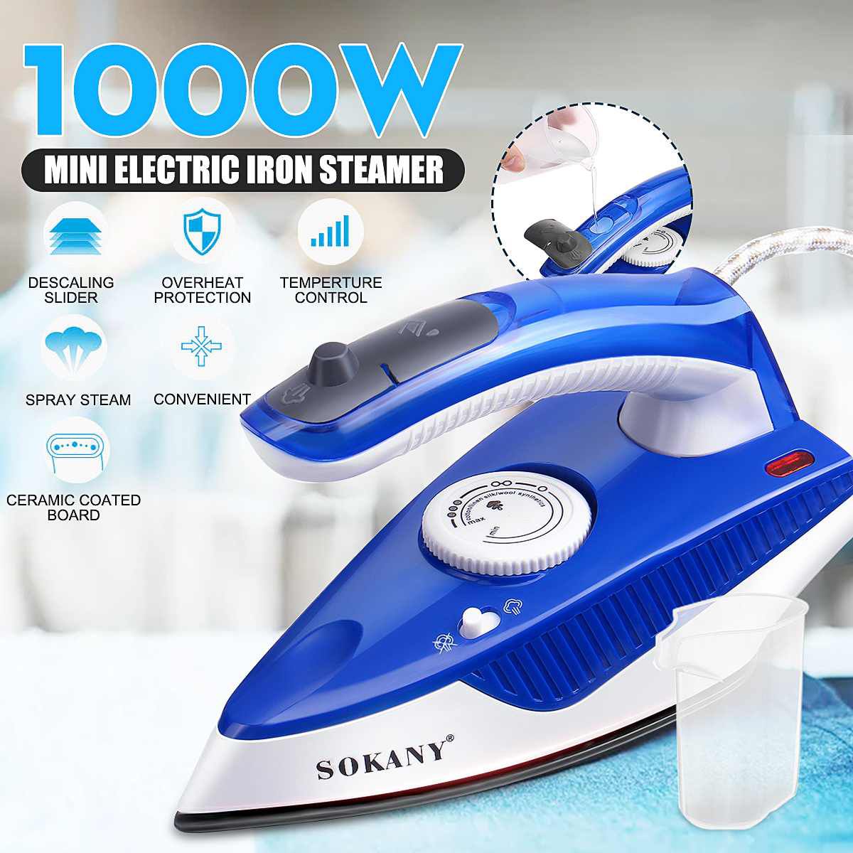 1000W Mini Spray Steam Iron Ceramic Coating Soleplate Fo