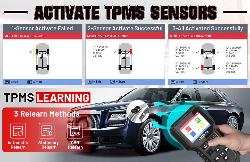 Launch CRT5011E TPMS Relearn Tool TPMS Sensor (315+433MHz) Support Read/Activate/Programming/Relearn/Reset/Key Fob Test