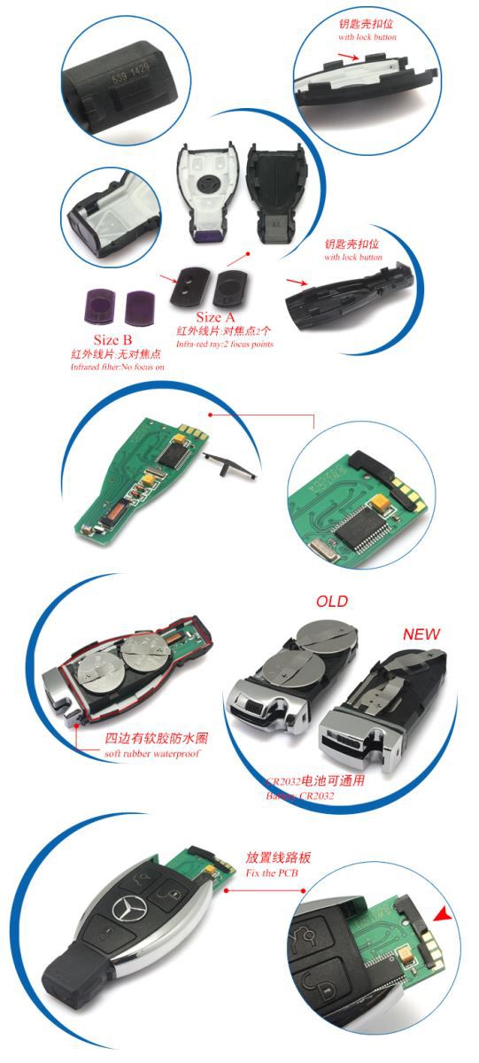 Remote Key Shell 3 Buttons for Mercedes-Benz Waterproof  Fittings Display 