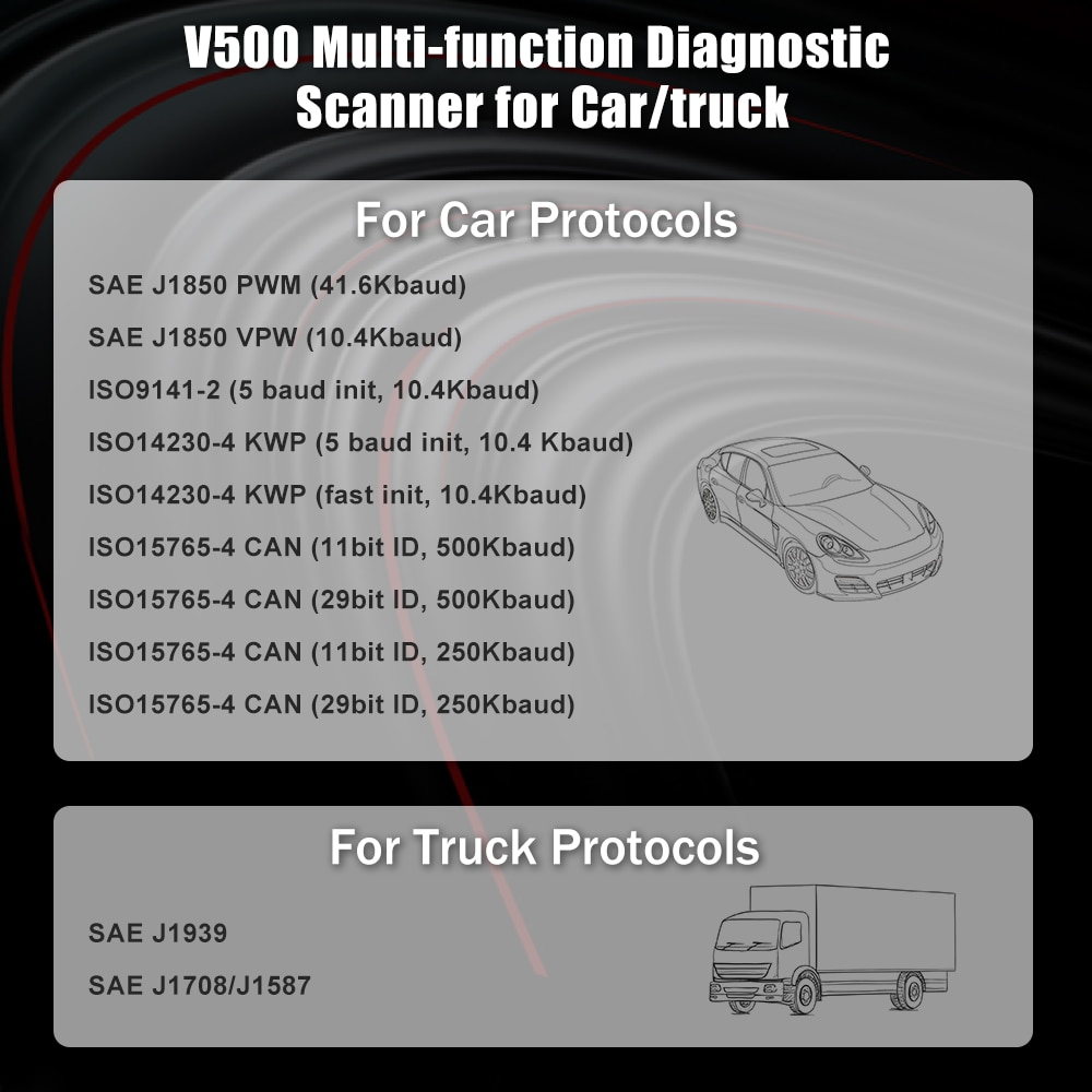 12V/24V V500 OBD2 Engine J1939 J1587 J1708 Code Reader 